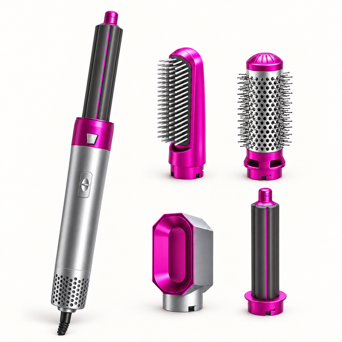 Air Styler violet et ses accessoires de coiffage, visuel fournisseur.