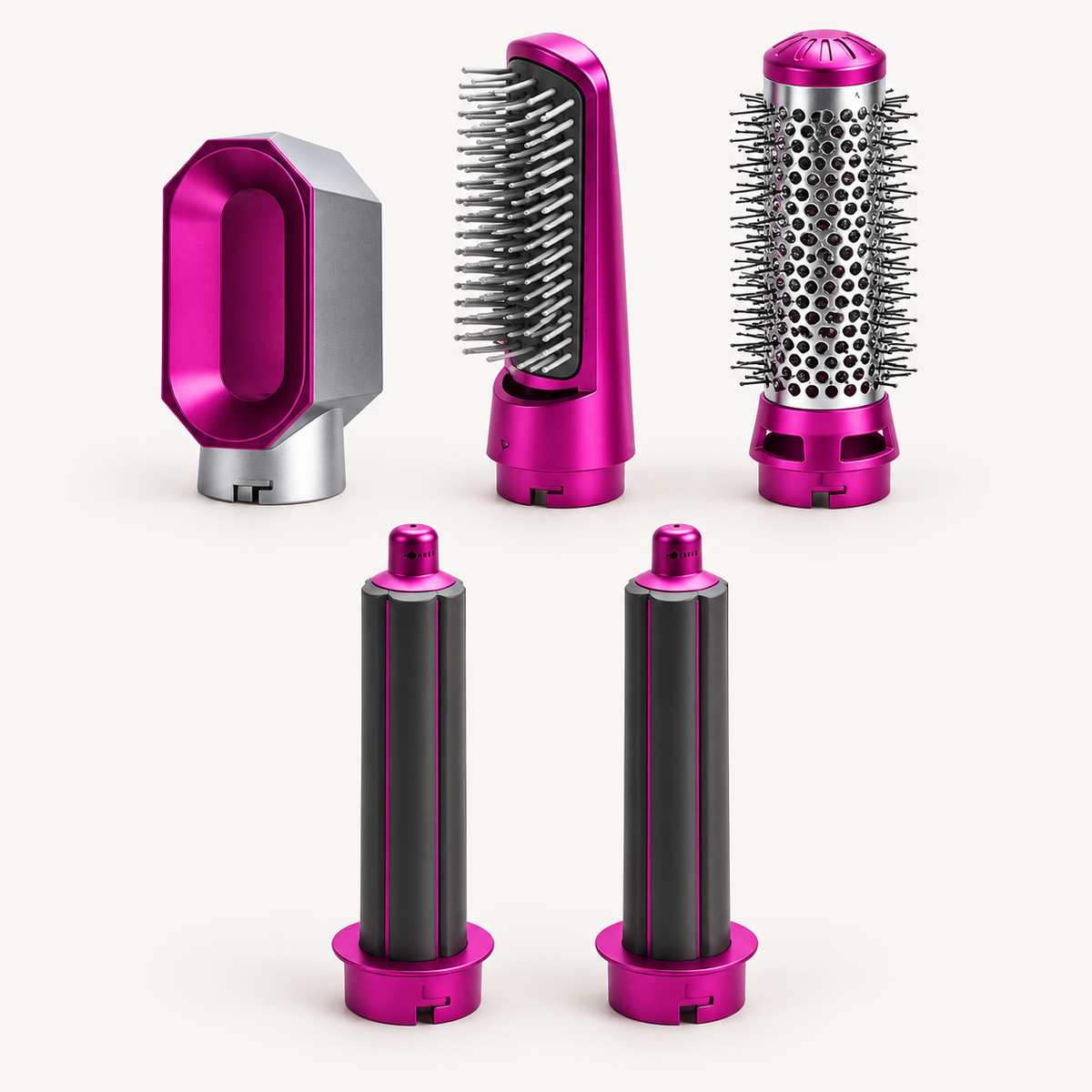 Visuel de présentation des cinq embouts Nébuline : tête de séchage, brosse plate, brosse ronde et deux cylindres de bouclage.